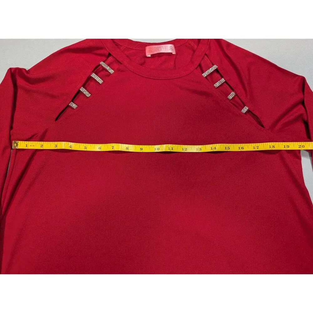 Simply Scarlett Womens L Red Rhinestone Cutout Long Sleeve Tunic Top